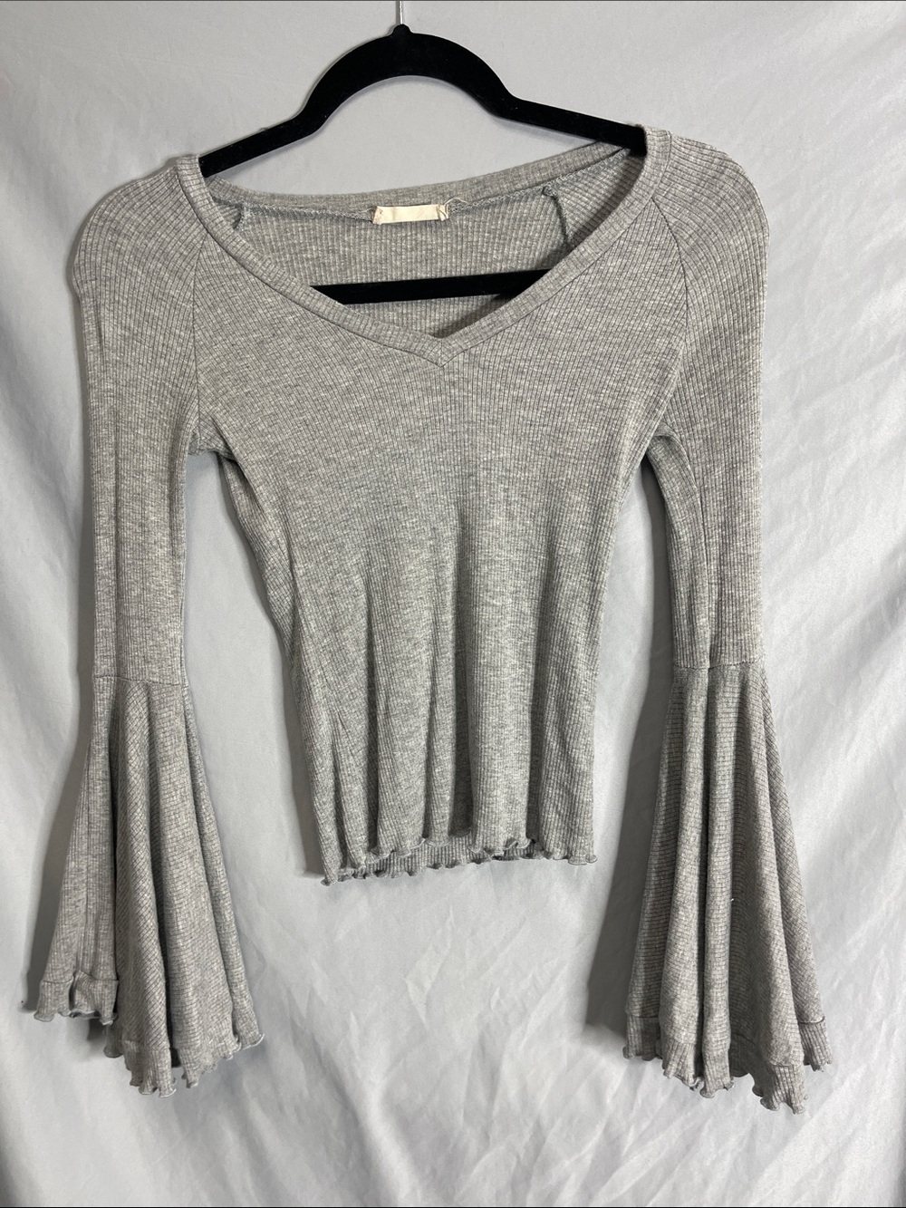 Altar'd State Light Gray Ribbed V-Neck Long Sleeve Top with Flared Bell Sleeves